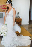 Romantic Deep V Neck Sleeveless Lace Wedding Dress Mermaid Wedding Dresses With STAP2NSHCG1