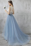 Elegant Long 2 Pieces Lace Sky Blue Prom Gowns Prom