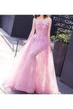 A Line Strapless Tulle With Applique Floor Length Prom Dresses Lace