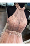 Chic Halter Formal Prom Dress Tulle Appliques A Line Evening STAPYARAC2F