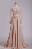 Long Sleeves Evening Dresses Scoop A Line With Applique And Slit Chiffon
