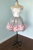 Cute Gray Strapless Tulle Homecoming Dresses with Flowers Short Sweet 16 Dresses STA14971