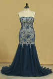 Strapless Mermaid Prom Dresses Tulle & Lace With Rhinestones And Beads Plus
