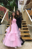 Unique Pink Tulle Long Prom Dresses, Strapless Belt Sweet 16 Dress STA15462