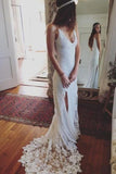 Delicate Mermaid Sheath Spaghetti Straps Backless Wedding Dresses with Split Side