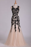 Floor Length Scoop Mermaid Tulle Prom Dresses With Black Applique