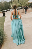 Simple A Line Two Pieces V Neck Satin Green Prom Dresses, Cheap Formal Dress STA15598