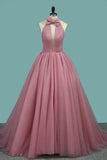 Simple Style Prom Gown High Neck A-Line Sweep Train