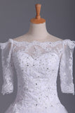Mid-Length Sleeves Boat Neck Wedding Dresses A Line Tulle With Applique And Beads