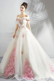 Unique Off The Shoulder Tulle Wedding Dress With Pink Flowers Ball Gown Wedding STAPQ4NB2CL