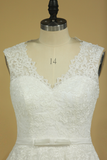 Plus Size V-Neck Wedding Dresses A-Line Court Train Tulle With Applique & Belt Covered Button