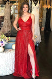 Sparkly V Neck A Line Red Spaghetti Straps Prom Dresses with Slit, Evening STA15675