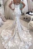Detachable Train Long Sleeves Scoop Mermaid Wedding Dresses With Applique