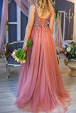 Princess A line V Neck Tulle Beads Sequins Prom Dresses with Lace up, Dance STA20429