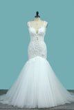 Mermaid Open Back Tulle Straps With Applique Wedding Dresses