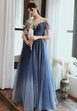 Charming A Line Blue Ombre Tulle Prom Dresses with Open Back, Evening STA20394