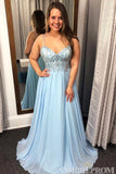 Blue Spaghetti Straps V Neck Sleeveless Chiffon Prom Dresses
