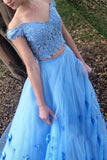 Blue Two Piece Graduation Gown Off Shoulder A Line Long Prom Dresses