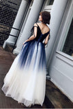 Cute Blue Ombre Long Tulle Prom Dress Unique V Neck Sleeveless Dance Dresses