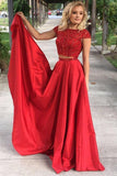 Elegant Red Two Pieces Beads Cap Sleeves Satin Evening Dresses Prom Dresses
