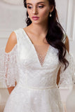 Deep V Neck Drop Sleeves Lace Wedding Dresses White Long Wedding Gowns