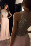 Elegant Long Light Pink Chiffon Evening Dress with Beading Bodice Prom Dresses