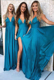 Elegant A Line Mermaid Deep V Neck Long Blue Backless Bridesmaid Dresses