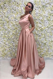 Elegant A Line One Shoulder Long Cheap Pink Prom Dresses Simple Prom Dresses with Pockets