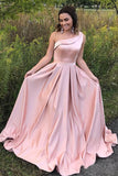 Elegant A Line One Shoulder Long Cheap Pink Prom Dresses Simple Prom Dresses with Pockets