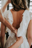 Elegant Lace Cap Sleeve V Back Ivory Beach Wedding Dresses Boho Wedding Gowns