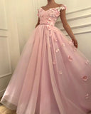 Flowers Beaded V Neck Off the Shoulder Prom Dresses Long Tulle Evening Gowns