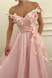 Flowers Beaded V Neck Off the Shoulder Prom Dresses Long Tulle Evening Gowns