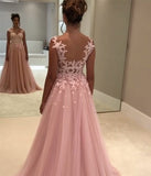 Elegant Pink Long V-Neck Appliques Sleeveless A-Line Chiffon Prom Dresses