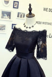 A Line Black Short Sleeves Off the Shoulder Lace Appliques Satin Homecoming Dresses