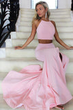 Halter Two Piece High Neck Mermaid Satin Pink Long Prom Dress with Split