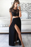 Chic Two Piece With Lace Appliques Split Side Long Prom Dresses