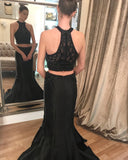 Sexy Black Two Piece With Beading Sparkly Long Prom Dresses
