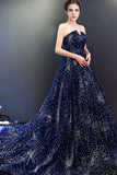 Sparkle Navy Blue A Line Court Train Curve Sleeveless Starry Night Long Prom Dresses