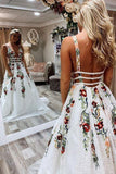 Fashion A Line Deep V Neck Backless Ivory Lace Prom Dress with Appliques