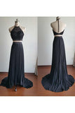 Gorgeous Halter Court Train Two Pieces Black Beads Chiffon Backless Prom Dresses