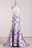 Two Pieces Halter Mermaid Floral Prom Dresses Sweep