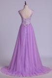 V Neck A Line/Princess Prom Dress Tulle With Applique &