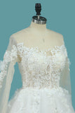 A Line Long Sleeves Tulle Scoop Wedding Dresses With Applique And Beads Sweep