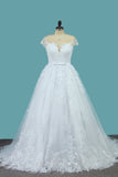 A Line Lace Cap Sleeve Scoop Wedding Dresses With Beads Court
