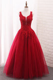 A Line Tulle Straps Prom Dresses With Applique And Beads Floor