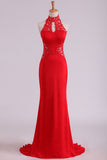 Red High Neck Open Back Prom Dresses With Applique Sweep Train