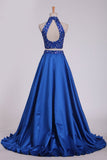 Two Pieces High Neck A Line Prom Dresses Beaded Bodice Satin Open