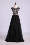 Scoop A-Line Prom Dress Floor-Length Full Beaded Bodice Champagne