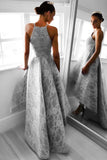 Elegant Spaghetti Straps High Gray Lace Long Prom Dresses Evening