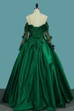 Off The Shoulder Long Sleeves Prom Dresses A-Line Satin With Applique And